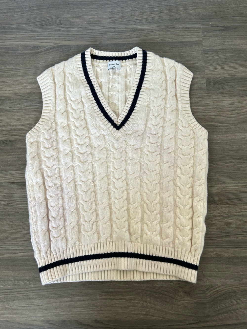 Sunday Best Cream Cable Knit V-Neck Sweater Vest with Navy Trim